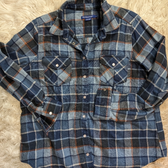 Women's Pendleton snap front Virgin wool blue plaid Western long sleeve top xl - Picture 9 of 9